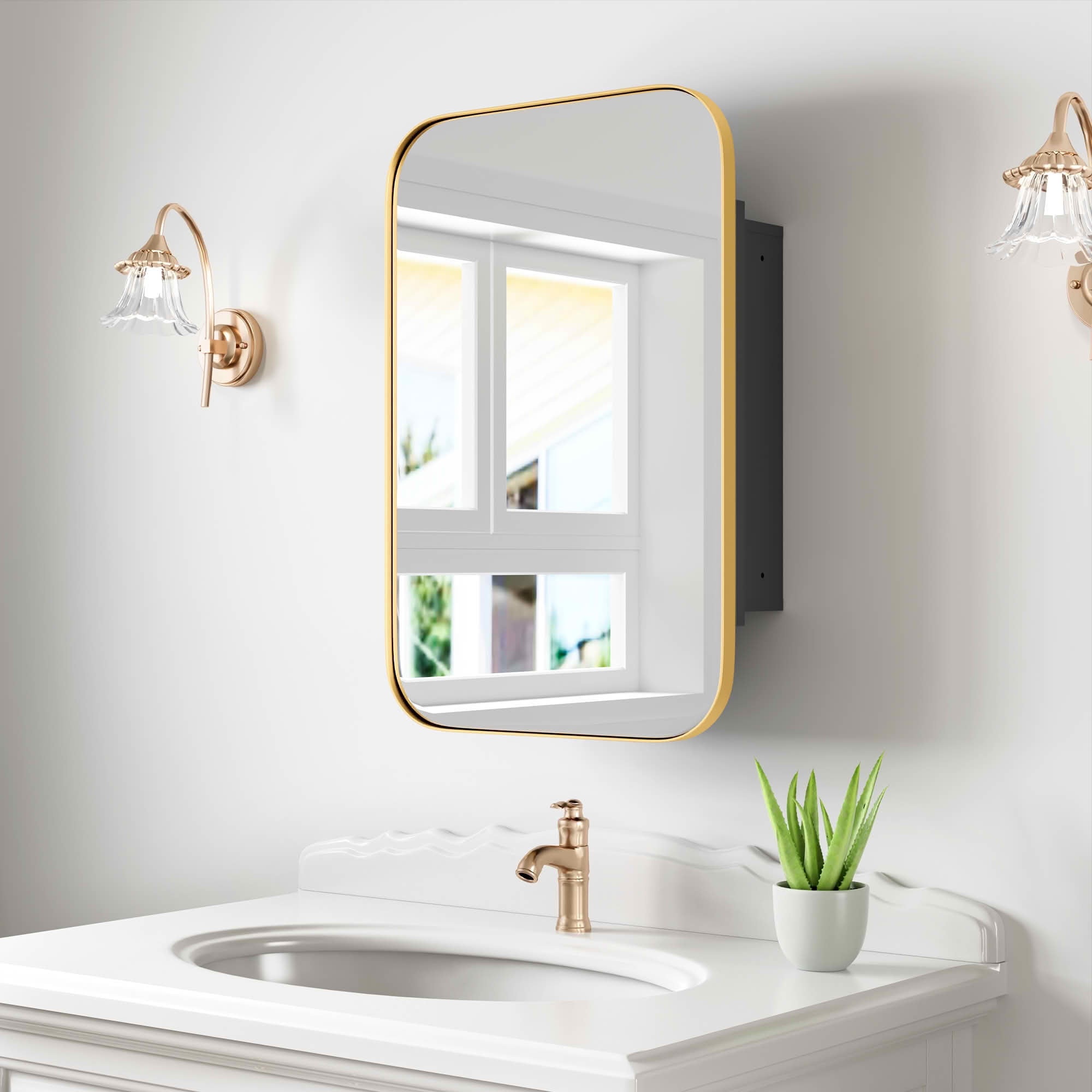 MAYEERTY 24x16x5 Inch Gold Metal Round Corner Rectangular Medicine Cabinet for Bathroom