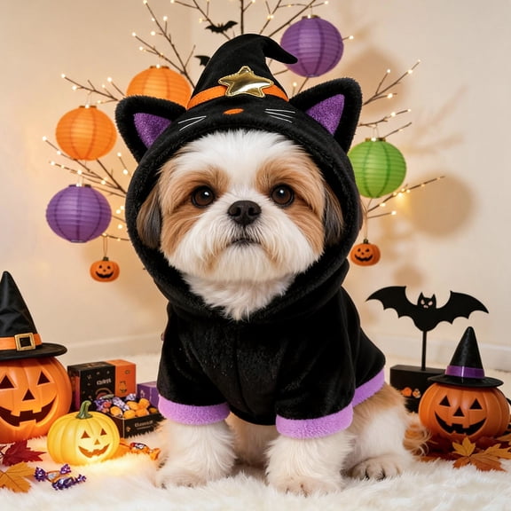 SENHAWK Dog Witch Black Cat Halloween Hoodie Costume, Soft Fleece Puppy Festive Outfit with D‑Ring & Witch Hat Hood, compatible with Small Dogs & Puppies, Halloween Dress‑up