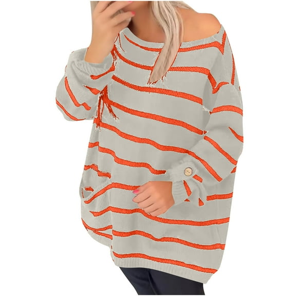 Levmjia Womens Sweater Casual Striped Knitted Boat Neck Long Sleeve Soft Acrylic Undershirts Top For Winter Fall Daily Wear