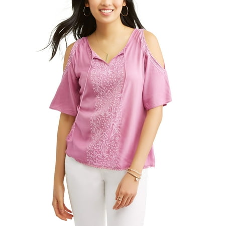 Tie Front Chiffon Blouse - Juniors' Cold Shoulder Crochet Tie Front Blouse