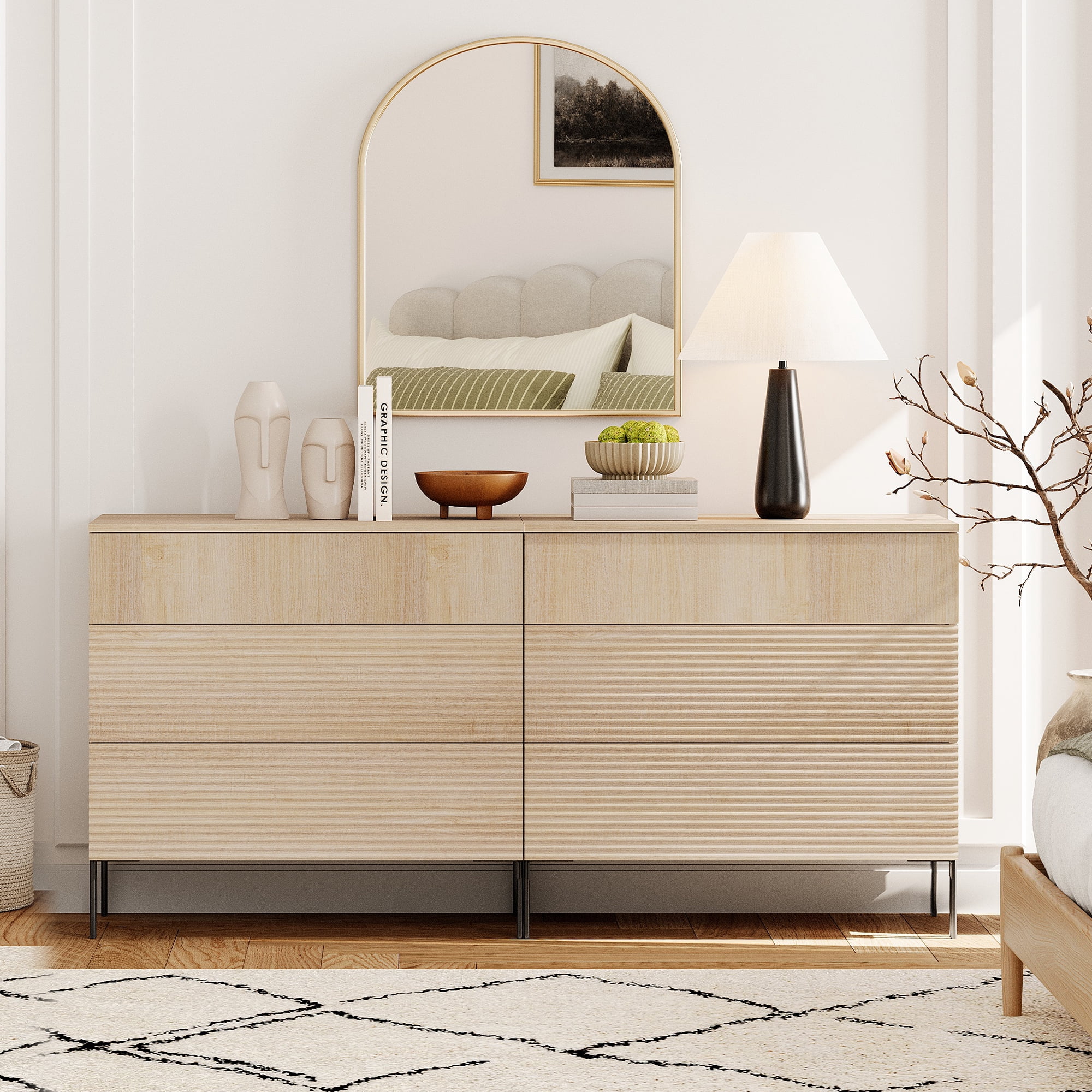 3 Drawer Reeded Dresser for Bedroom Set of 2, Minimalist Modern Chest of Drawers, Wood Storage 6 Drawer Dresser Organizer for Bedroom Living Room Hallway Closet