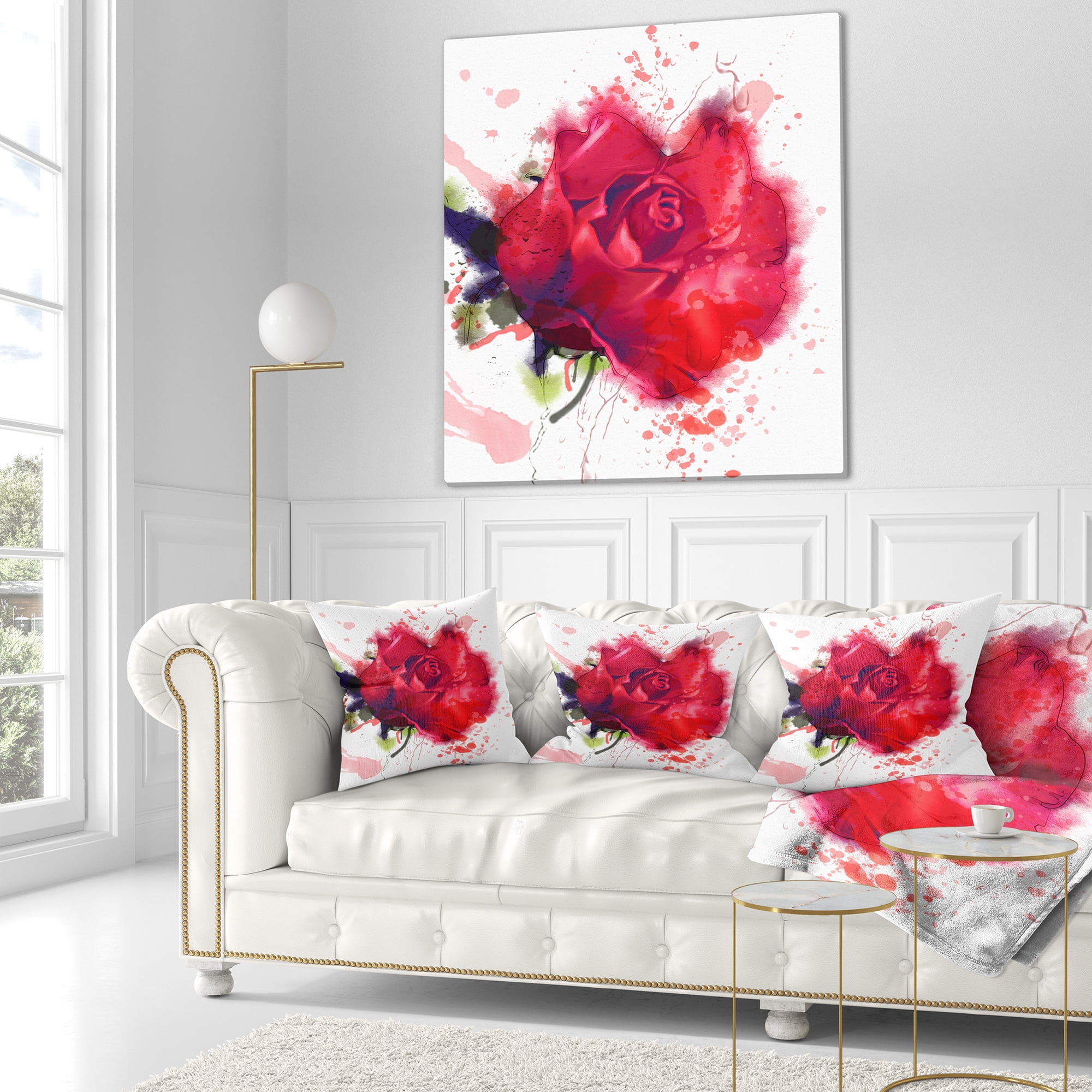 Designart Beautiful Bright Red Rose - Floral Throw Pillow - 16x16