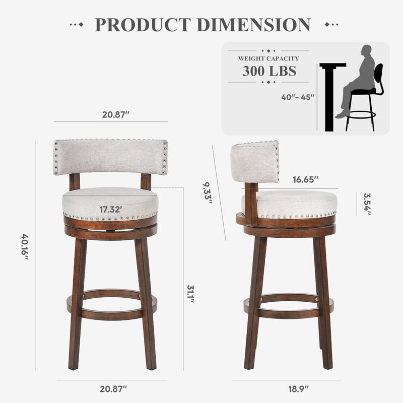 COLAMY Swivel Bar Stools Set of 4, 30 Inch Bar Height Stools, Modern Upholstered Wood Bar Chairs with Back for Kitchen Island & Home Bar, Heavy Duty 300 lbs Capacity, Fits 40-45" Bar Height, Beige