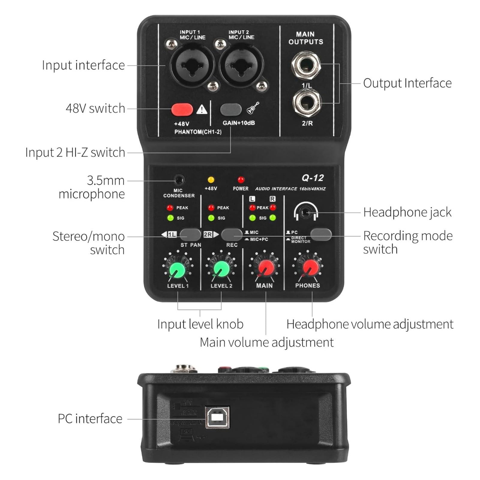 NATEFEMIN 16-Bit 48kHz USB Sound Mixing Console 2 Channel Portable Audio Interface for Music and Karaoke