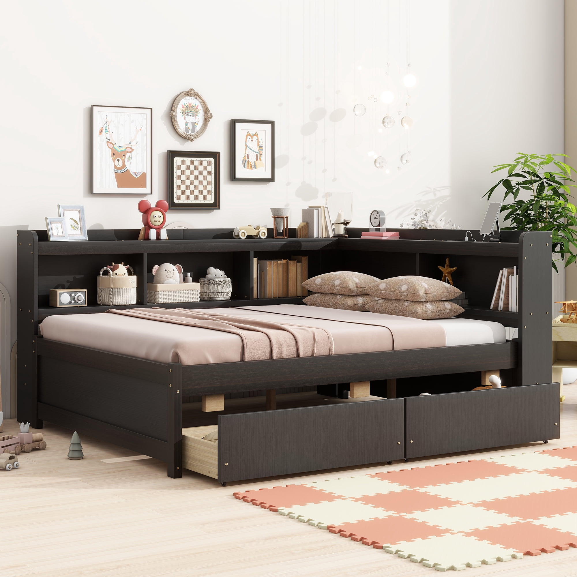 Leumius Full Size L-shaped Bookcases Bed with Power Outlets, USB Charging Ports,Two Drawers for Boys Girls Espresso