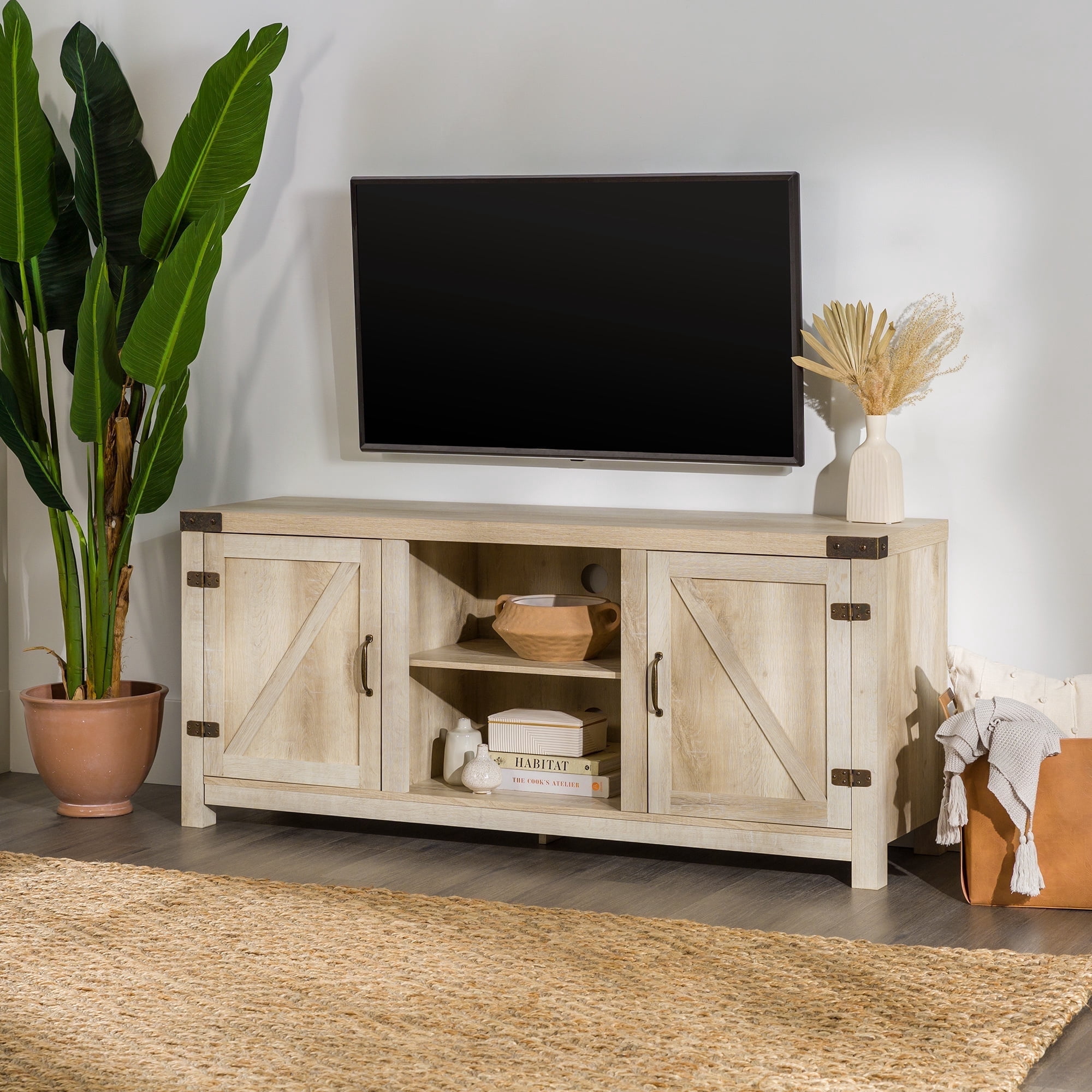 Walker Edison Modern Farmhouse Barn Door TV Stand for TVs up to 65", White Oak