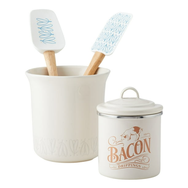 Ayesha Collection Ceramic Tool Crock and Utensil Set, 4Piece, French Vanilla