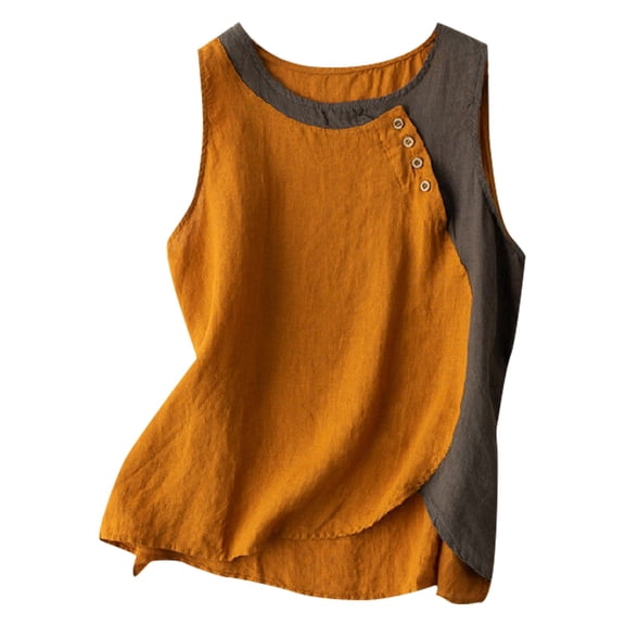 Tank Tops For Women Sleeveless Button Down Shirt Cotton Linen Loose Fit Casual Color Block Summer Tank Tops Plus Size Crew Neck Tees Camisole Tops For Women