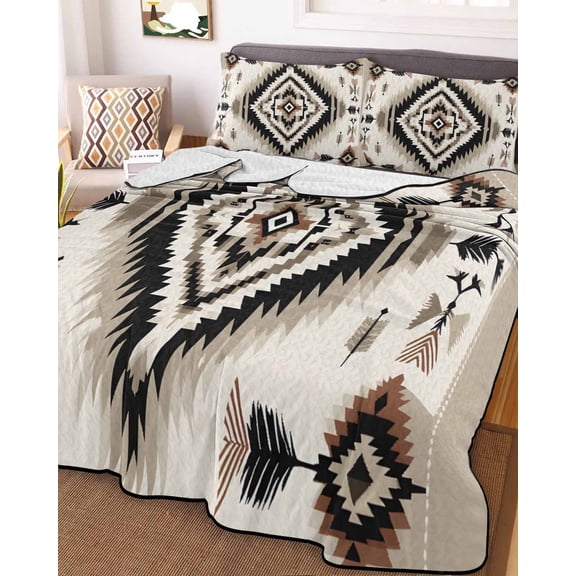 Boho Black Brown Queen Size Down Alternative Comforter, Lightweight Comforter Quilt Bedding Set with Pillow Shams Geometric Southwestern Ethnic Vintage All Seasons Bed Comforter Duvet Insert 90"x96"