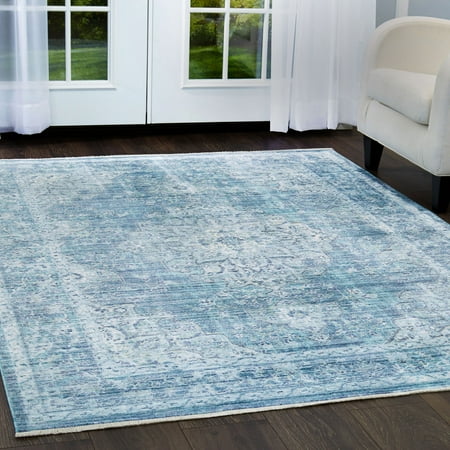 Fine Silk Rug - Nicole Miller Designer Area Rugs: Artisan 968-309 Blue Traditional-European Medallion Bamboo Silk Rug