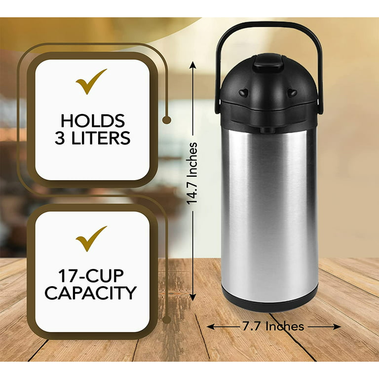  Coffee Carafe Dispenser with Pump - 101oz / 3L Airpot 24 Hours  Hot Chocolate Dispenser for Parties - Coffee Urn Hot Water Dispenser -  Insulated Stainless Steel Hot Beverage Dispenser 