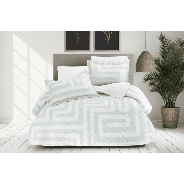 Coordinado Dalfiori Pisani Menta Matrimonial | Colcha y Fundas decorativas | 100% Algodón