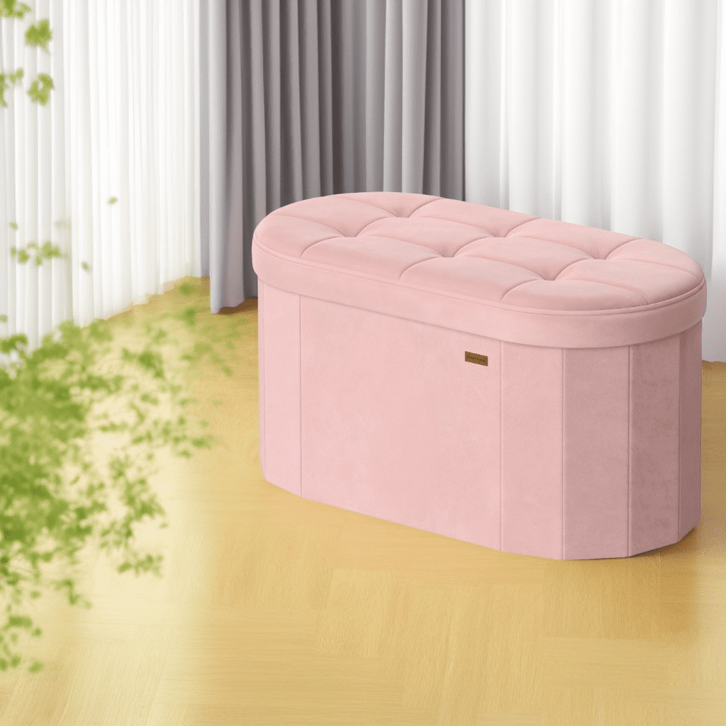 LEDREM 30" Foldable Storage Ottoman Bench, Velvet Fabric Ottoman with 2 Internal Dividers, Footrest for Bedroom Living Room, Jelly Pink