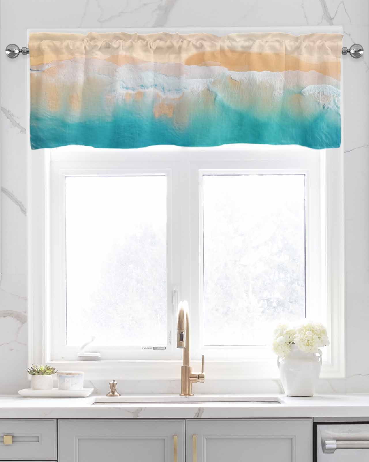 Turquoise Ocean Linen Curtain Valance for Bedroom/Bathroom/Kitchen/Office/Living/Dining Room Windows,Nautical Coastal Seaside Wave Smear Art Pocket Topper Drapes Decorative Cafe Drapery Panel 54x18