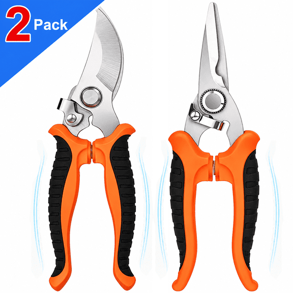 NIUTA® Pruning Shears for Gardening, 2 Pack Stainless Steel Garden Shears Set with Curved Bypass Pruner & Straight Blade Garden Clippers, Spring-Loaded Plant Clippers with Safety Lock for Flowers