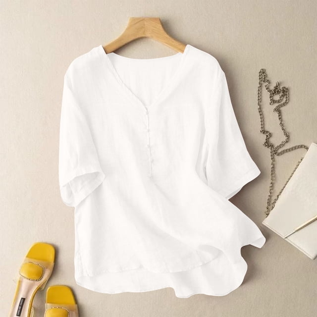mfyjkho Tops Para Mujer, Blusas De Verano Para Mujer, Holgadas, Con Escote En V, De Color Liso, Cómodas Y Transpirables. Tops De Tallas Grandes L