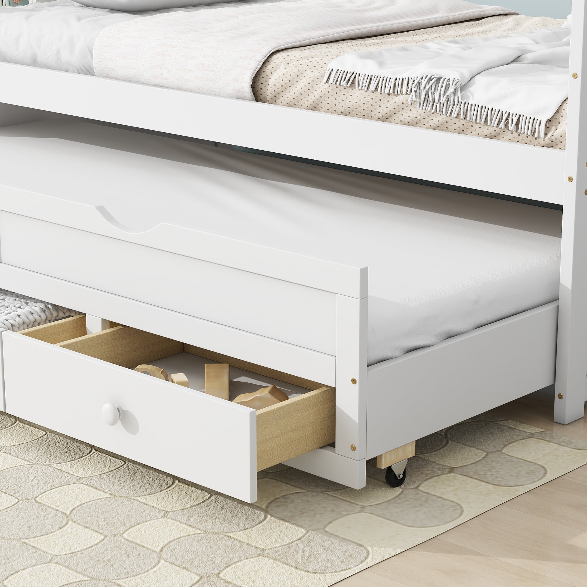 Sailvan Twin Size Bed with Headboard, Footboard, Trundle and 3 Storage Drawers, Pine Wood Bed