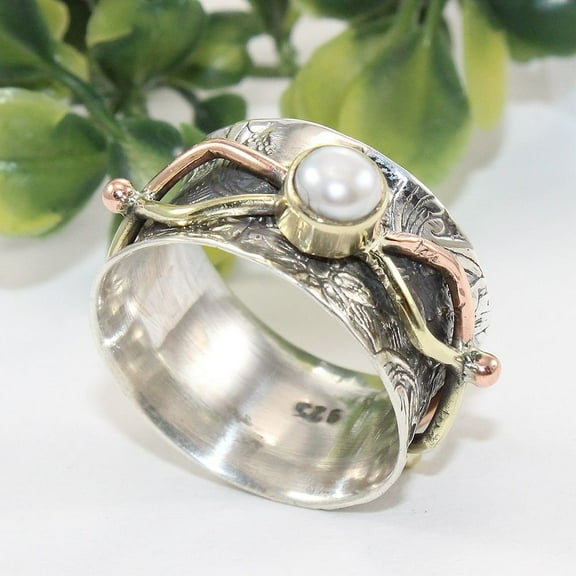 White Pearl Ring Pearl Jewelry Silver Ring Handmade Ring Spinning Ring Meditation Ring Gemstone Spinner Ring Three Tone Ring Thumb Ring