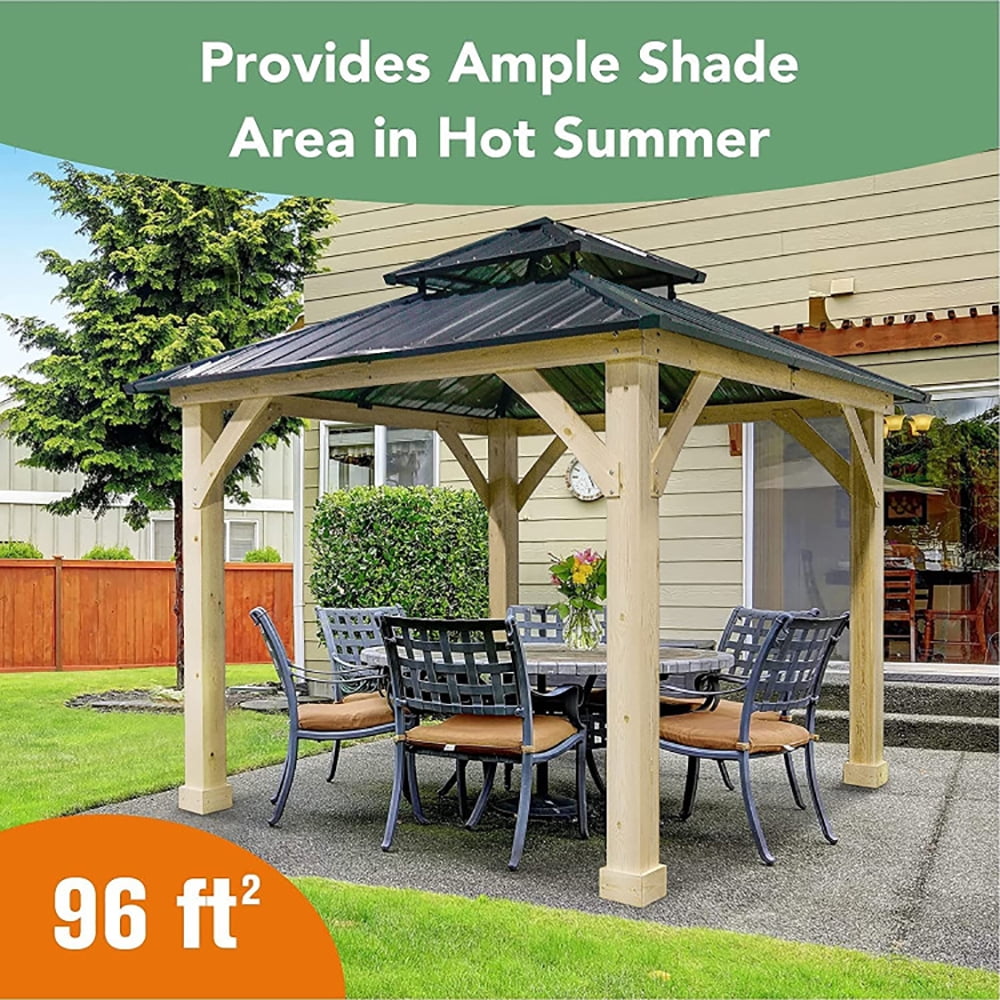 Aimee Lii 10 x 10 Feet Patio Pine Wood Hardtop Gazebo with Double Steel Roof for Outdoor, Backyard Canopy Gazebo, Gray