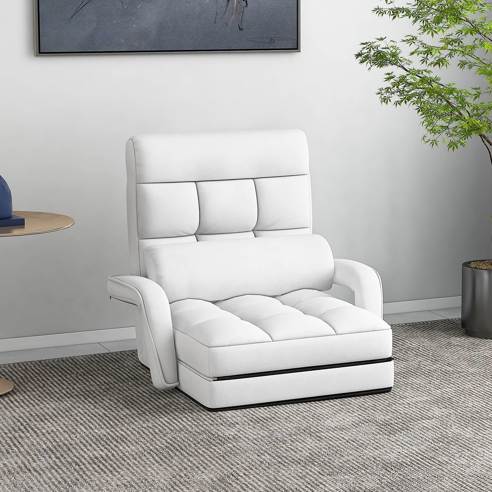 Costway Folding Floor Single Sofa Recliner Chair W/ a Pillow 5 Adjustable Backrest Position Leisure Lounge Couch White