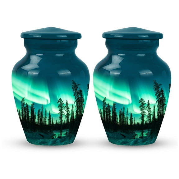 Northern Lights Waltzing over Wintry Wilds - Tiny Cremation Urn for Adult Female Ashes - Mini Memorial Tribute - Compact Keepsake - Urns For Human Ashes Adult - 3 Inch, Set Of 2