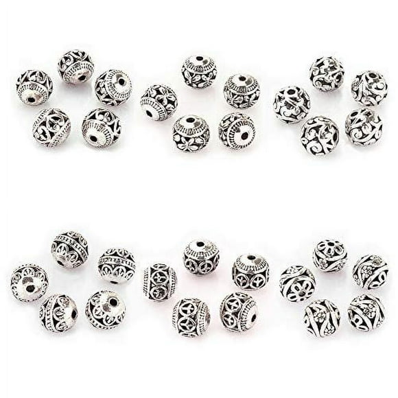 LolliBeads 10mm 30Pcs Tibetan Silver Round Hollow Spacer charm Beads Jewelry Findings Mix Lot Box Set Assortment