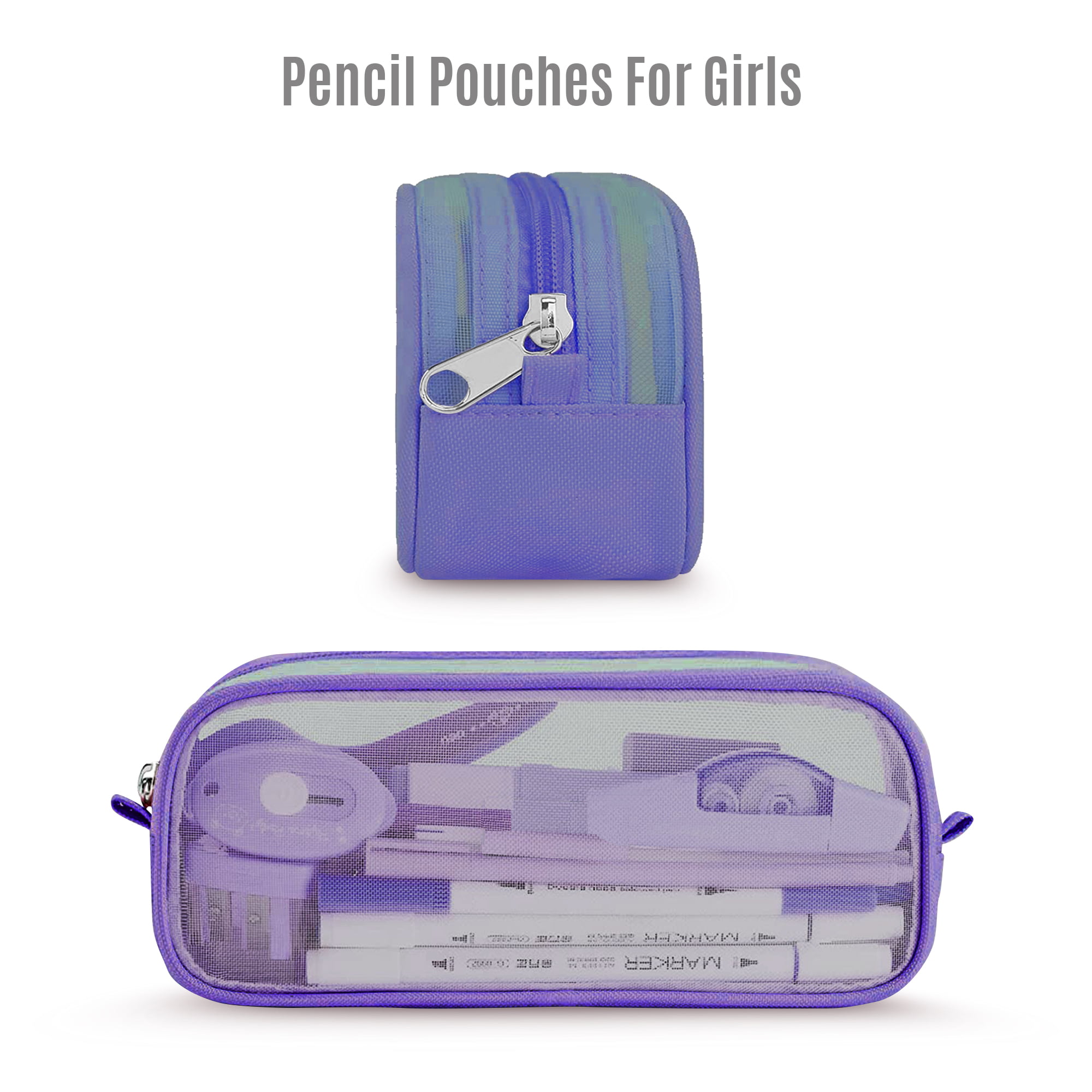 Sooez Grid Mesh Pencil Case, Clear Pouch With Zipper Lavender Purple