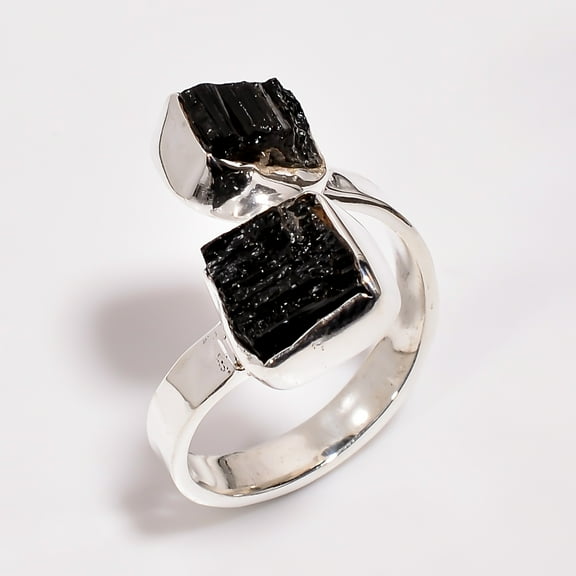 SATYAVIE JEWELLERY 925 Sterling Silver Adjustable Hammered Ring Natural Black Tourmaline Raw Gemstone