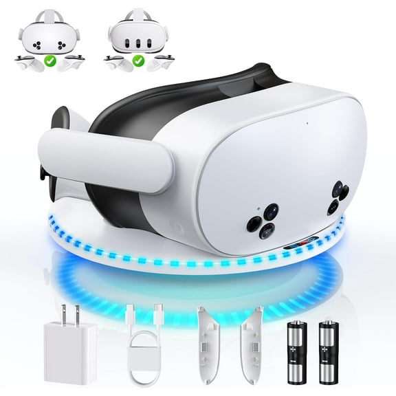 Magnetic Charging Dock for Meta Quest 3/Quest 3S, RGB Fast Charging Station for Oculus Quest 3S/3 with 2 Rechargeable Batteries, VR Accessories Charger Stand for Headset and Controller