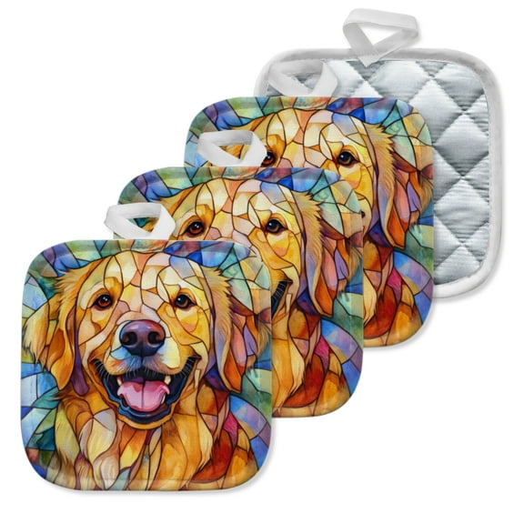 4 Pack Pot Holders,Kitchen Essential, Potholder Set,Stained Glass Style Golden Retriever Portrait