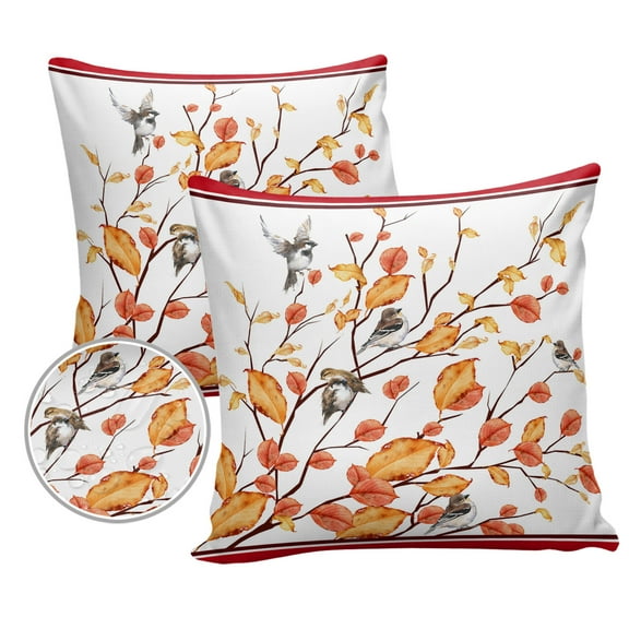 Pack of 2 Outdoor Pillow Covers, Thanksgiving Fall Bird Standing on Resin Orange Leaf Waterproof Square Throw Pillowcase Cushion Decorative Pillow Covers for Couch Patio Tent, 20x20 in