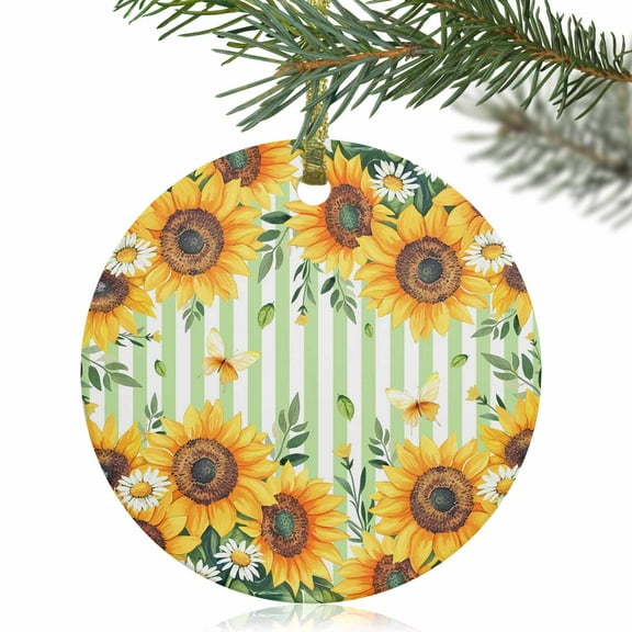 Farm Sunflower Butterfly Leaf Christmas Ceramic Ornament 2025,3" Round Xmas Tree Hanging Accessories with Gold Ribbon
