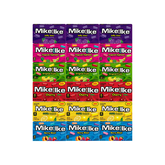 Variety Pack Mike and Ike Candy, 18 Pack, 3 Each of Jolly Joes, Tropical Typhoon, Original Fruits, Cherry, Sour Lemon, Berry Blast, Fruity Chewy Candy, Individually Wrapped 0.78 oz Boxes, Bulk Snacks