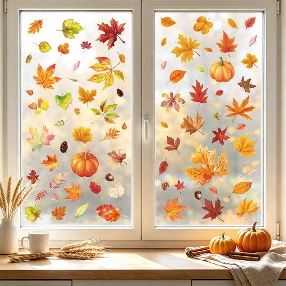 4PCS Fall Window Clings, Colorful Maple Leaf Pumpkin Combination, Removable Adhesive-free Stickers, Reusable Glass Decor for Kindergarten Classrooms, Lazyguy
