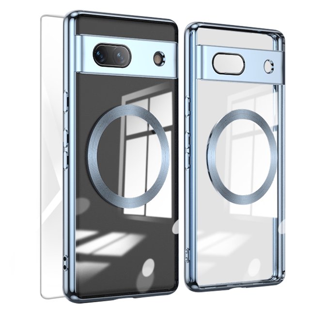 Allytech Magnetic Case for Google Pixel 7A, Google Pixel 7A Tempered Glass Screen Protector, With Camera Lens Protector Transparent Clear Shockproof Anti-Yellow Bumper Slim Cover Case - Blue