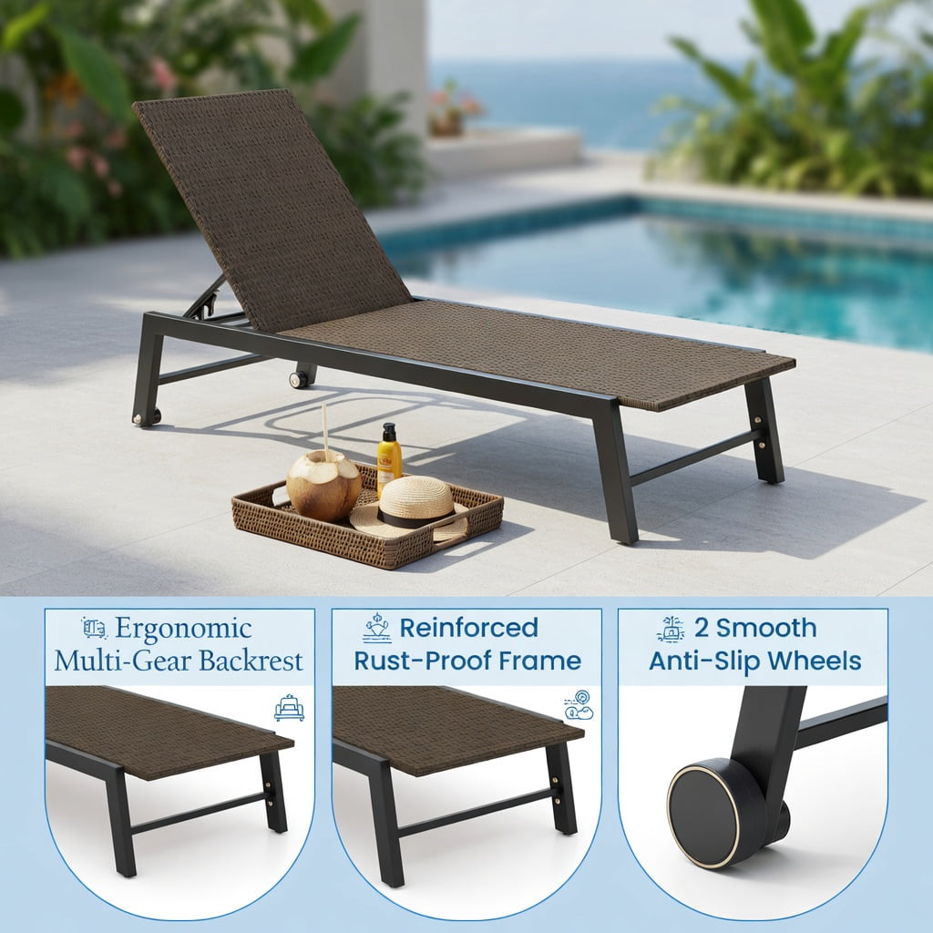Hommoo Adjustable PE Wicker Chaise Lounge Chair with Wheels， Heavy-Duty 400 lb Capacity for Poolside, Patio, Backyard & Deck, Brown