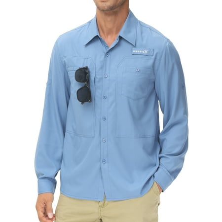 Men s Protection Fishing Shirts UPF 50+ Sun Long Sleeve Lightweight Hiking Travel Work Zipper Pocket Mist Blue S