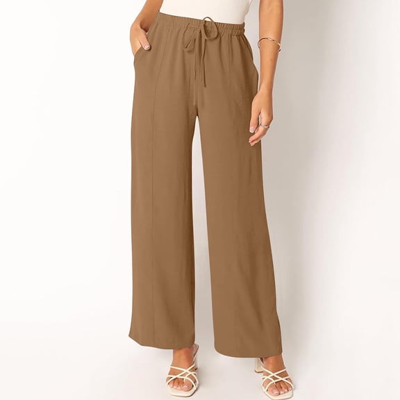 Wiyuqeen Wide Leg Pants for Women inen Elastic High Waist Trousers Loose Casual Drawstring Long Straight Leg Pants Summer Trendy Trouser with Pocket