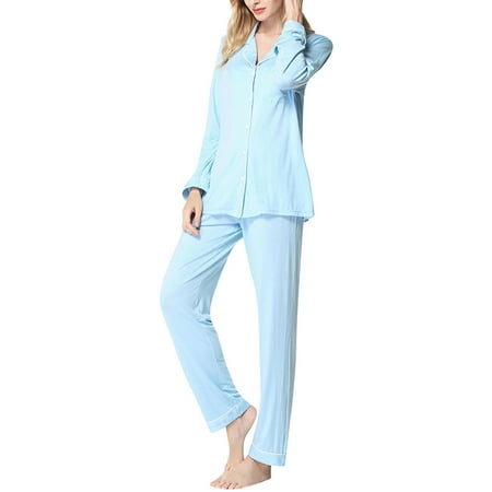 

QWANG Women s Pajama Sets Long Sleeve Button Sleepwear Lapel Nightwear Soft Sets