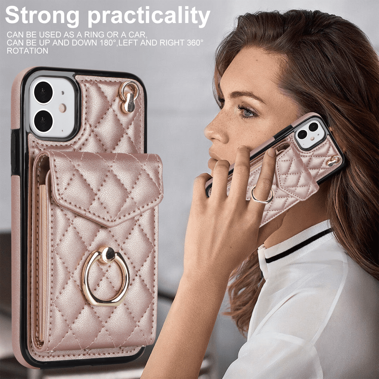 Asuwish Wallet RFID Blocking PU Leather Cell Phone Case with Tempered Glass Screen Protector, Wrist Strap for iPhone 11, Rose Gold
