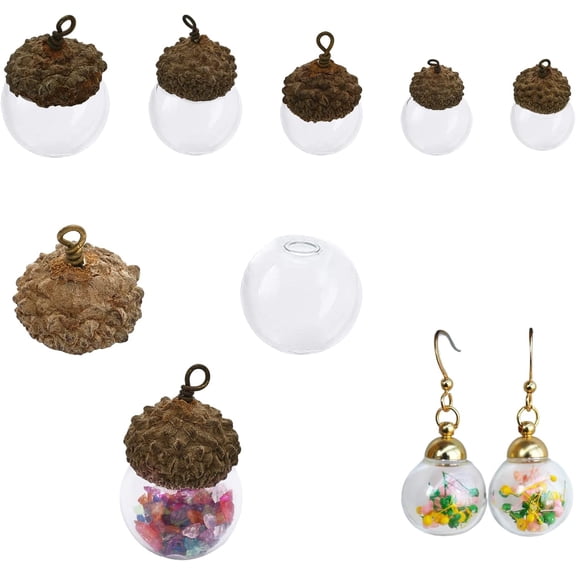 5 Sets 5 Style Glass Ball Pendants with Natural Acorn Shell Cap Autumn Theme Clear 26.5~40x16~25.5mm Hole: 1.7~2mm 1 set/style