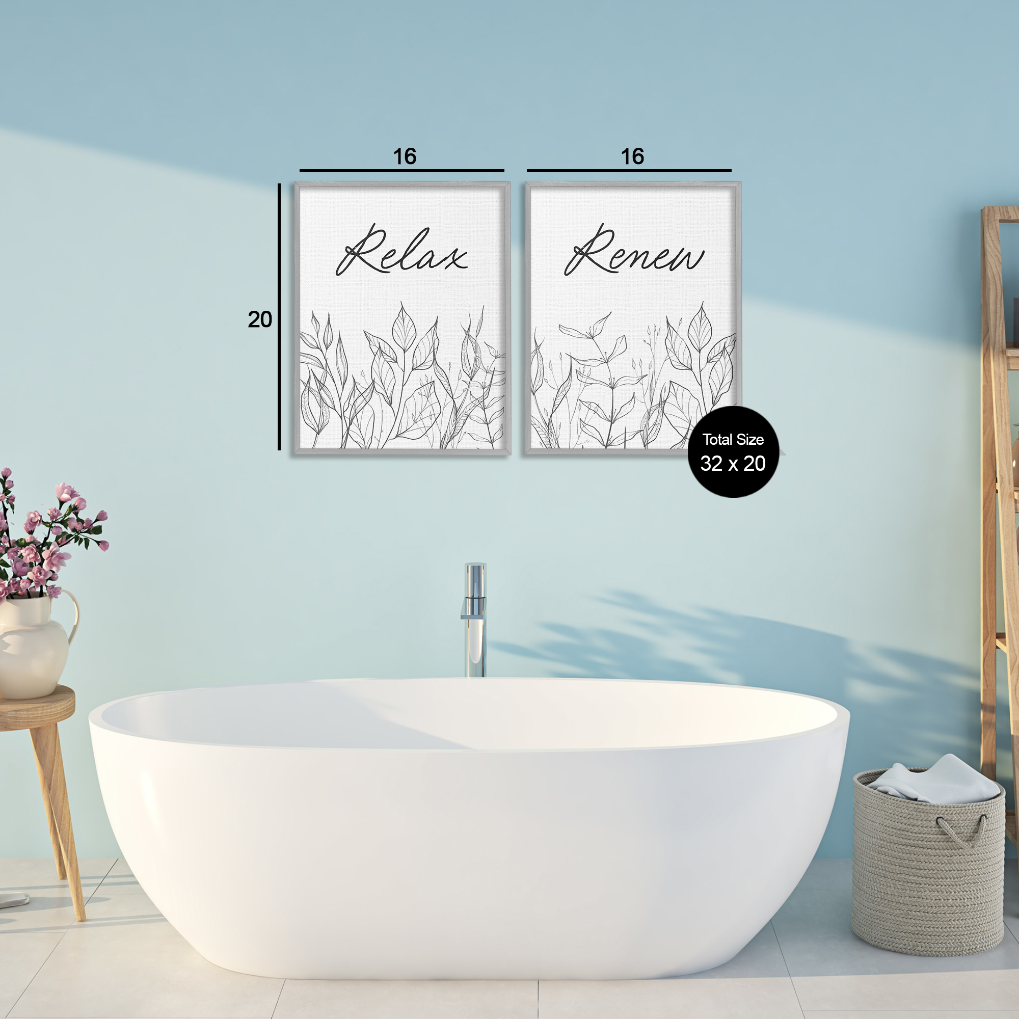 Relax and Renew Leaf Outlines 2 Piece Gray Framed Giclee Art Set, design by Lettered and Lined
