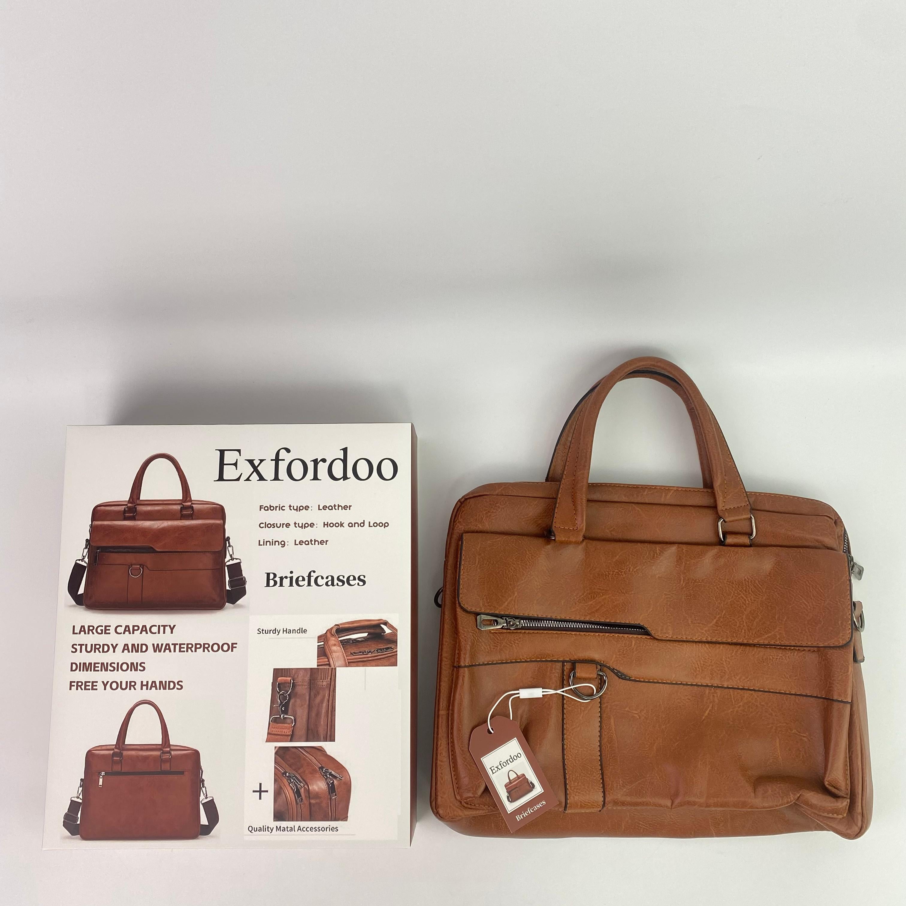 Exfordoo Briefcases,Men's Business Travel Briefcase Leather Handmade Messenger Bags Laptop Bag