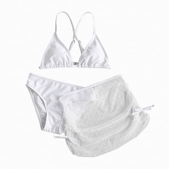 TOWED22 Girl's 3 Piece Swimsuits with Cover Up Skirt Halter Triangle Bathing Suits Bikini Set White,8-10 Y