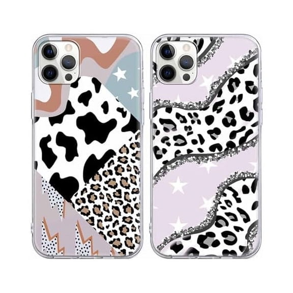 2 Pack Splice Leopard for iPhone 15 Pro 6.2" Phone Case,Star Cow Purple Aesthetic Design Cases Soft Silicone Slim TPU Shockproof Protective Fundas for Teen Girls Women,Multicolor