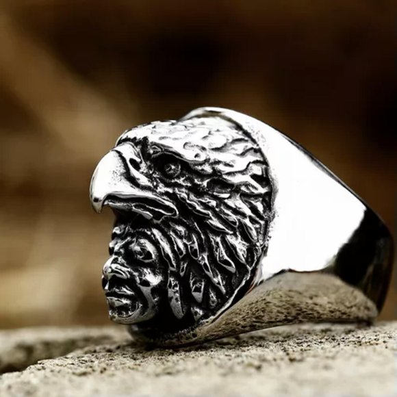 HOOUN Indian Tribal Eagle Chief Ring Stainless Steel Powerful Biker Jewelry Punk Ring-11