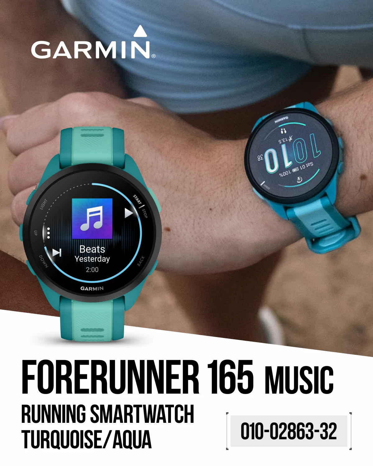 Garmin Forerunner 165 Music Running Smartwatch, Colorful AMOLED Touchscreen, Turquoise/Aqua w/ Wearable4U PowerPack and Adapters Bundle
