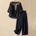 thumbnail image 2 of NMMUED Linen Two Piece Set Women Wide Leg Pants Linen Matching Summer Boho Linen Pants Set for Women Mexican Embroidered Cotton Linen Loose Fit Vacation Matching Set Black L, 2 of 9