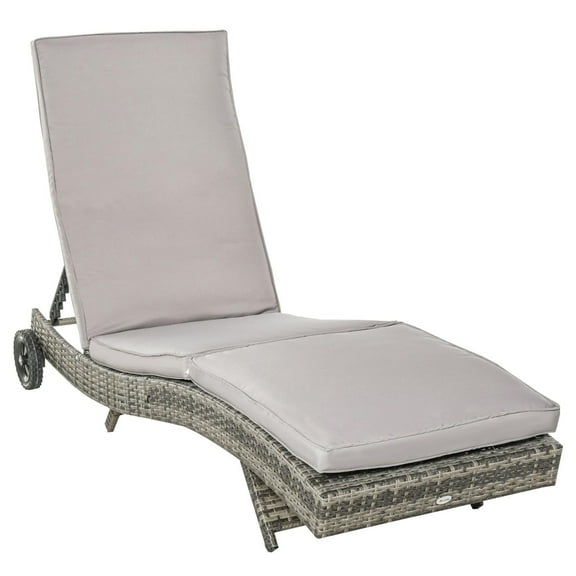 Gray Outdoor Chaise Lounge Pool Chair with 5-Level Adjustable Backrest, PE Rattan Wicker Sun Lounger on Wheels for Patio, Poolside & Garden