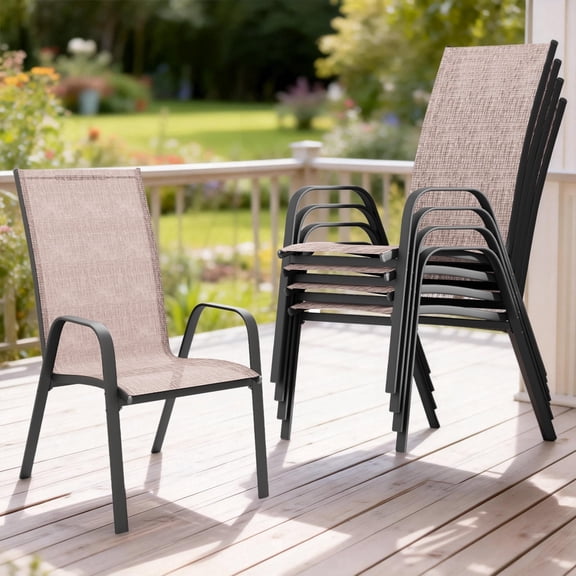 FUNDAZE Outdoor Dining Chairs Set of 4, Patio Dining Chair Stackable Armrest Patio Chairs Space Saving for Garden Backyard Deck, Brown